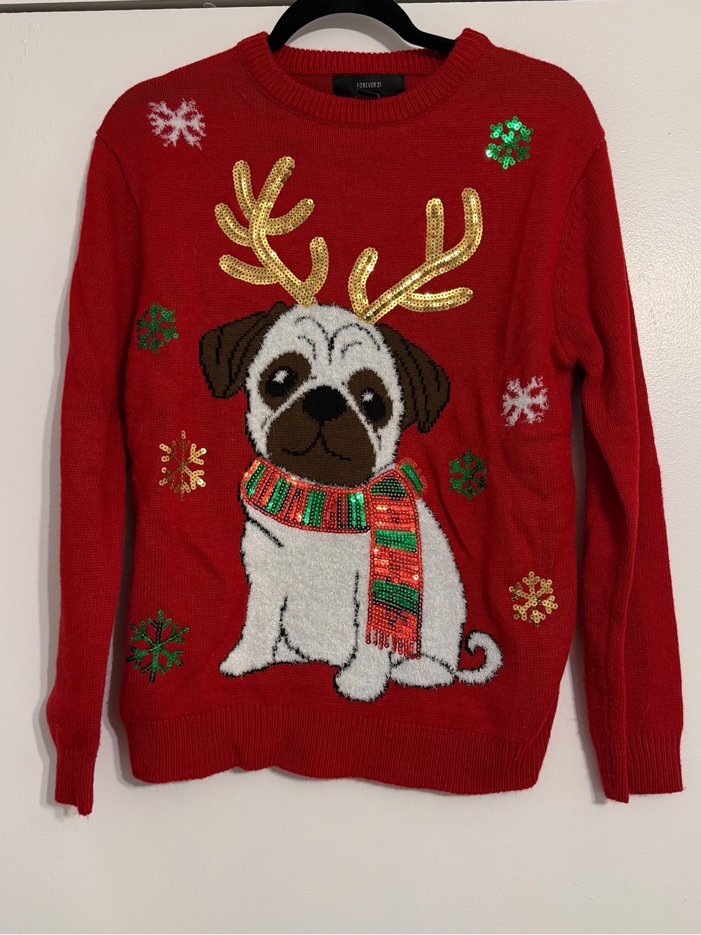 Women’s Red Holiday Pug Sequined Sweater with Reindeer Antlers - Size M